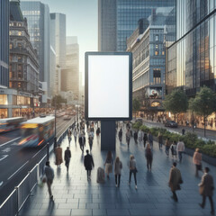 Billboard mockup on a pedestrian island with busy street background. Metropolitan advertisement. ai generative - obrazy, fototapety, plakaty