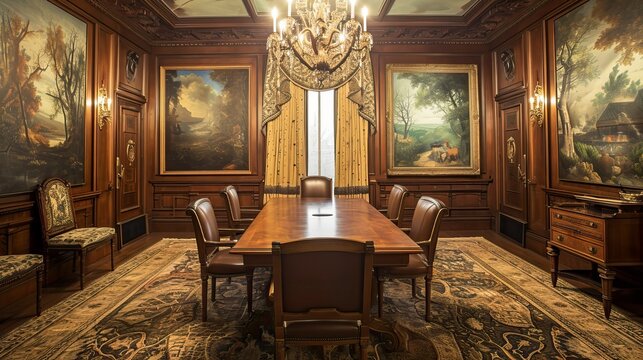 Grandiose Conference Room with Ornate Chandelier and Classical Paintings