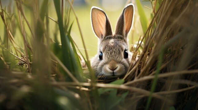 bunny hiding in the grass with eggs