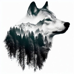 Double exposure Wolf with a forest and mountains isolated on a white background. ai generative