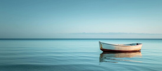 Naklejka premium A calm ocean near the shore holds a small boat.