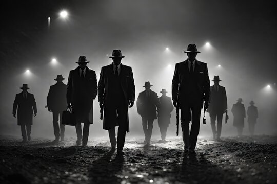 mafia black figures come out silhouettes from the night. ai generative