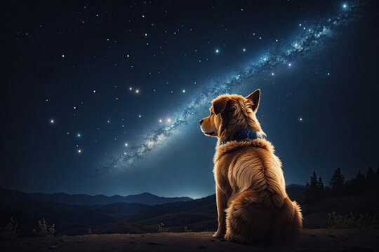 Dog View From The Back Sitting And Looking At The Stars. Ai Generative