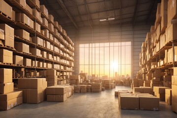 Logistics Warehouse full of Cardboard Boxes. ai generative