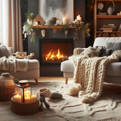 Living room with woolen blanket in a cozy living room with fireplace. Cozy winter day. ai generative