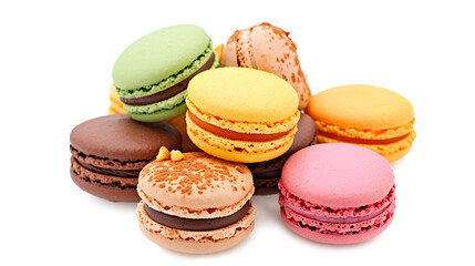Fototapeta premium Pile of sweet and colorful French macaroons isolated on a transparent background, 