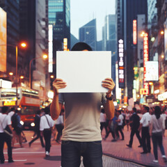 man hold a white blank sign on busy city street at evening. ai generative