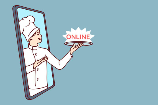 Man restaurant chef cook with word online on tray looks out of phone screen offering to download mobile application. Guy who works as chef recommends using food delivery services to home