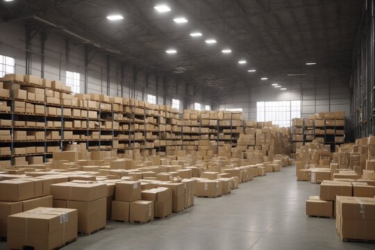 Logistics Warehouse full of Cardboard Boxes. ai generative