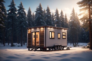 Movable tiny house parked on calm place at forest. ai generative - obrazy, fototapety, plakaty