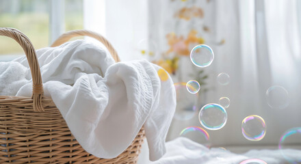 Basket of clean laundry and soap bubbles in white interior. Spring cleaning concept, banner with copy space for cleaning service. Poster for laundry. - obrazy, fototapety, plakaty