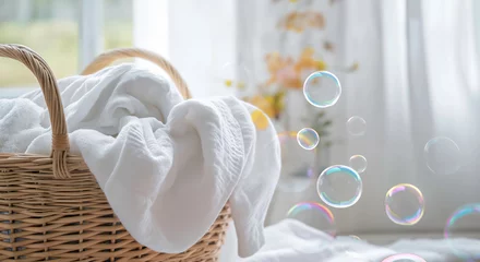 Tuinposter Basket of clean laundry and soap bubbles in white interior. Spring cleaning concept, banner with copy space for cleaning service. Poster for laundry. © NeuroCake