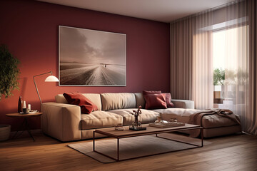 Living room interior in beige and burgundy colours with sofa, table and picture.