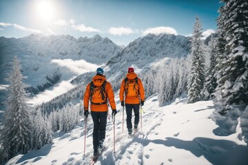 Fototapeta na wymiar Mountaineer back country ski walking ski alpinist in mountains. ai generative