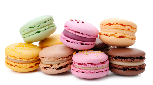 Pile of sweet and colorful French macaroons isolated on a transparent background, 