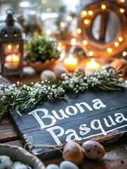 'Buona Pasqua' Chalk Calligraphy on a wooden Background with colorful Easter Eggs. Template for a Easter Greeting Card