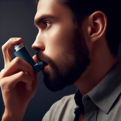 A man uses an inhaler on a solid dark background. ai generative - obrazy, fototapety, plakaty