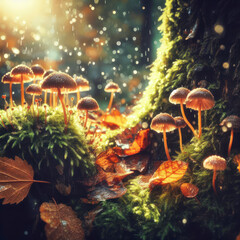 little mushrooms growing on a tree trunk in wet moss and fallen leaves, under rain drops and autumnal sun. ai generative