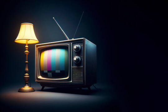 a vintage analog television with lamp beside it on dark background. ai generative