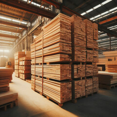stack of wooden boards in a warehouse or factory. ai generative