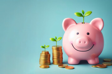 Smiling pink pig piggy bank, a stack of gold coins and a green plant growing, isolated on blue background. ai generative