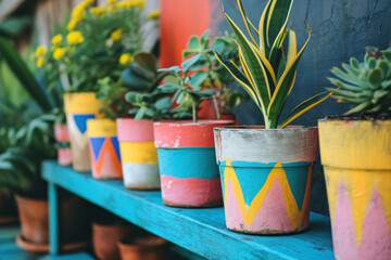 colourful handmade painted  pots with green succulents and flowers 