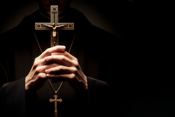 The priest holds the cross on black background. ai generative - obrazy, fototapety, plakaty