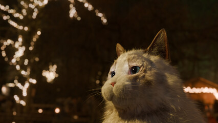 Cat enjoying a night festival, 3D rendered wallpaper