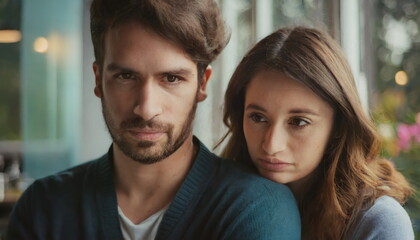 sad young adult man and woman, couple with problems
