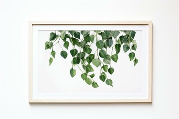 A plant hanging with green leaves on a white background, framed in the corner. Generative AI