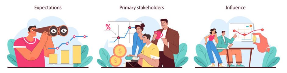 Stakeholder expectations set. Exploring future goals, guiding investments, and wielding influence in business. Insightful analysis and strategic partnerships depicted. Flat vector illustration.