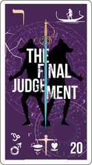 Egyptian tarot card number twenty called the last judgment. Illustration of a Renaissance sword next to the Egyptian god Anubis.