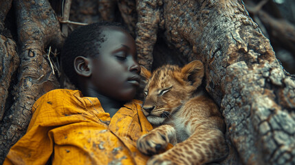 A striking image of an African boy with a lion cub nestled in his arms, surrounded by ancient baobab trees, showcasing the spiritual connection between the people of Africa and the