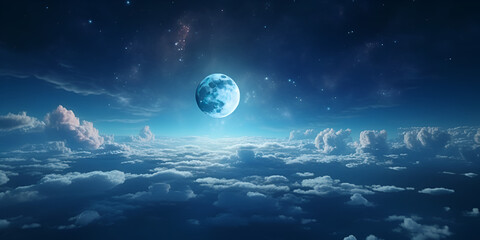 Fototapeta na wymiar night sky and moon, The full moon between clouds, Icy blue skies and a bright moon,