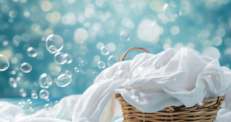 Basket of clean laundry and soap bubbles on blue background. Spring cleaning concept, banner with copy space for cleaning service. - obrazy, fototapety, plakaty