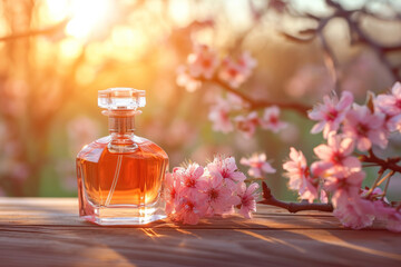Obraz na płótnie Canvas perfume bottle with spring flowers, fragrance and flowers, perfume presentation 