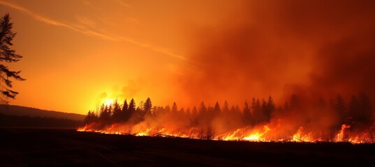 Massive and destructive forest fire raging in british columbia, canada with enormous flames