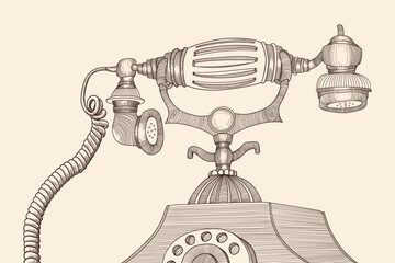 Old vintage telephone receiver on a telephone lever with a dial.. Hand drawn sketch.