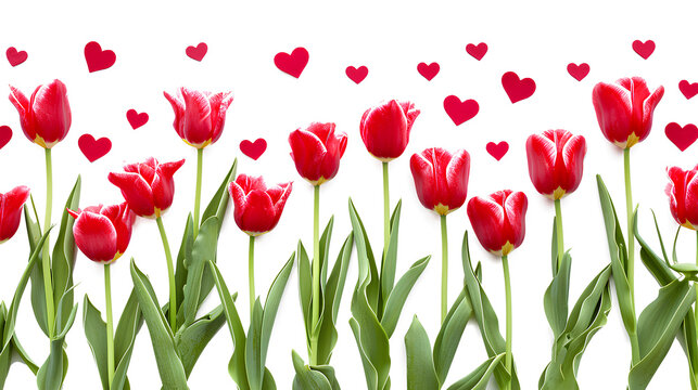Red tulips and hearts isolated on a white background, Valentine's Day Concept