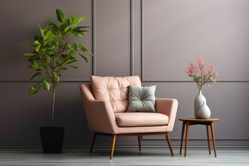 A cozy single sofa chair in soft colors, accompanied by a cute little plant, against a simple solid wall with a blank empty white frame for copy text.