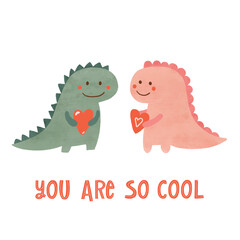 Valentines day cute dinosaurs with pink heart and text You are so cool. Childish print for cards, stickers, apparel and nursery decoration. Hand drawn lovely illustration for children greeting card.