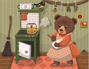 Illustration of a mother bear baking cakes in traditional kitchen setting. Vector cartoon bear.