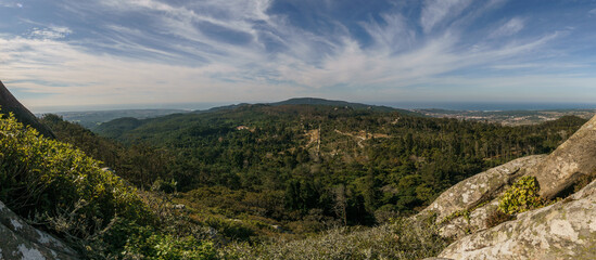Panoramic view over landscape from Cruz Alta near Sintra, Lisbon, Portugal