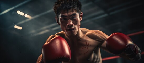 Muai Thai athlete fights in the boxing ring during training in a combat sport.