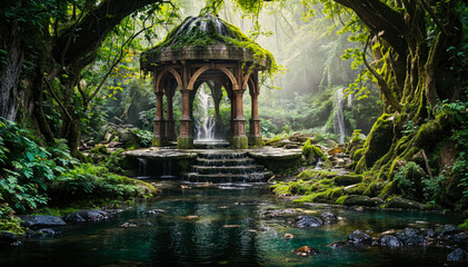 A small fantasy gazebo  with a waterfall in the middle of a forest surrounded by trees and flowers.