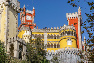 Facade of national Palace of Pena with red tower, Sintra, Lisobn, Portugal - obrazy, fototapety, plakaty