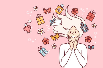 Woman among perfumes bottles and flower buds rejoices at opportunity to use aromatherapy from natural substances. Happy girl lying near perfumes or gift boxes in honor of march 8th holiday