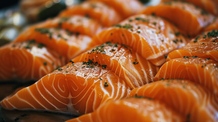 Close up photo of lots of raw salmon fish slices arranged in rows, red fish fillet pieces, macro photo