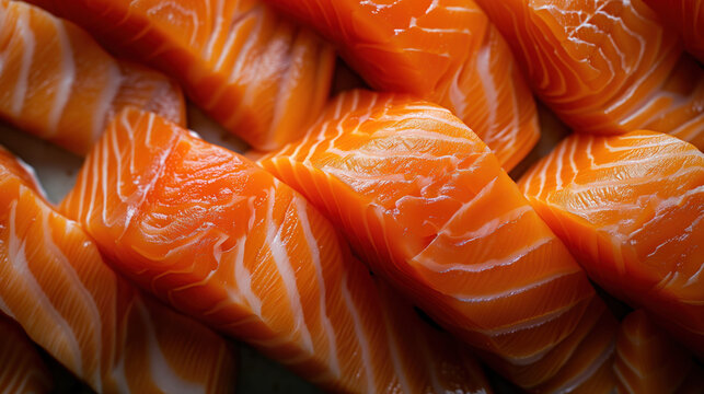 Closeup photo of raw salmon fish slices arranged o
in rows, top view photo, food background