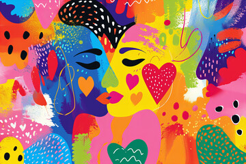 Contemporary abstract illustration . Bright colors . Rainbow . Maximalism .  Valentine's Day Concept. LGBT - Powered by Adobe